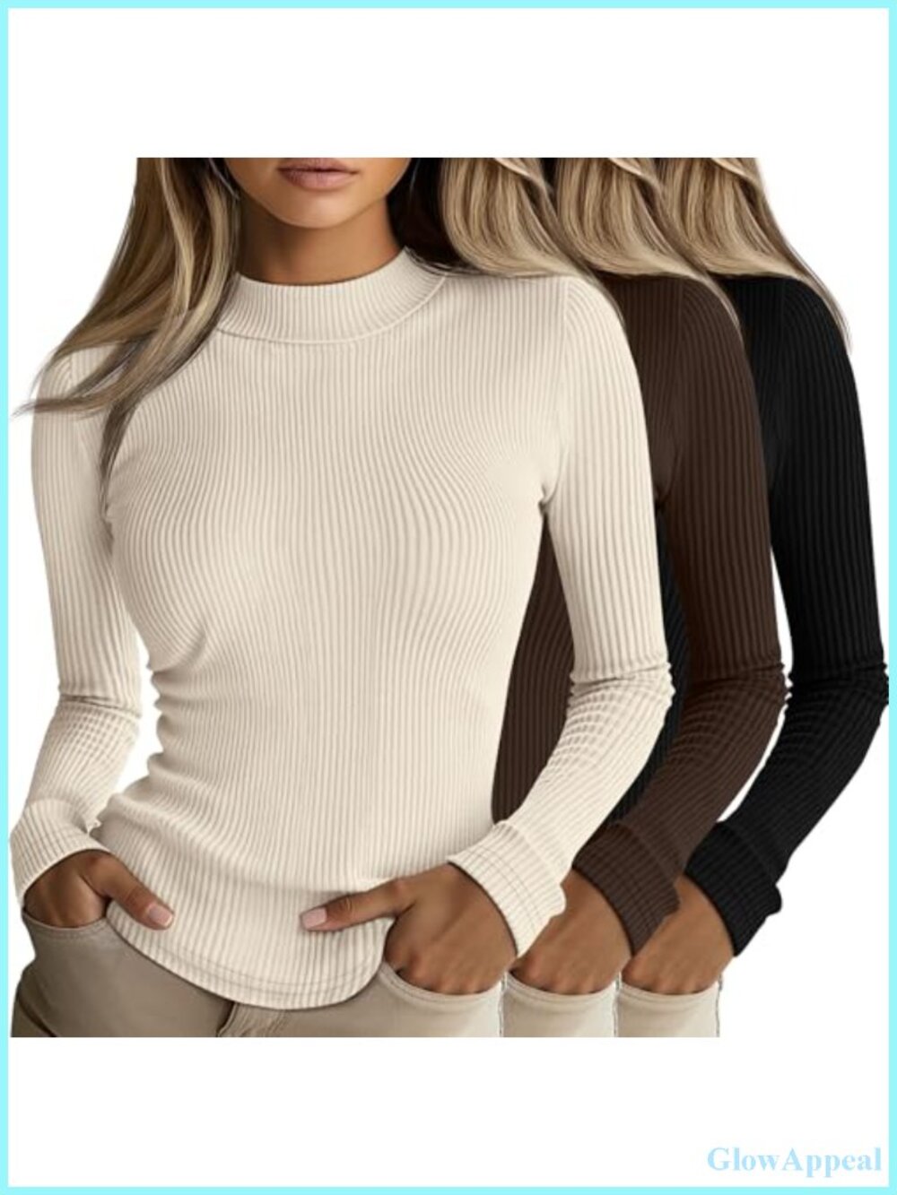 3 Pack Women's Mock Neck Ribbed Long Sleeve Tops Stretch Slim Fit